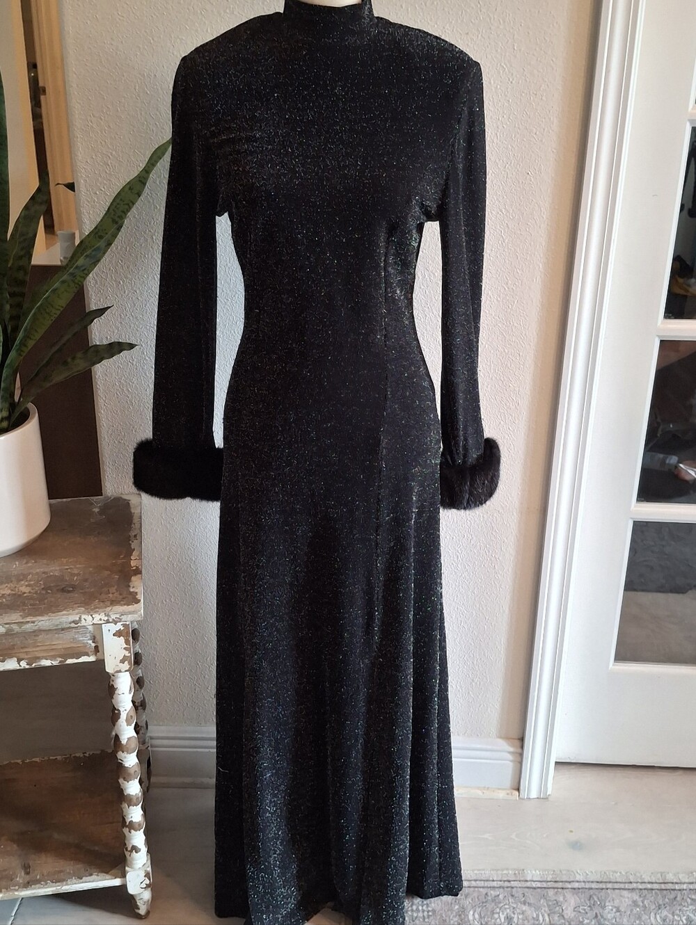 Vintage Joseph Ribkoff Black Sparkle Long-Sleeve Evening Dress with Fur Cuffs